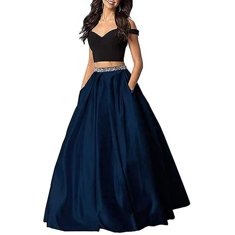 Navy Blue JaneVini Red Two Piece Prom Dress Long Beaded Waist Crop Top Satin Evening Gowns with Pockets Girls A Line Green Party Wear - Цвет: Navy Blue