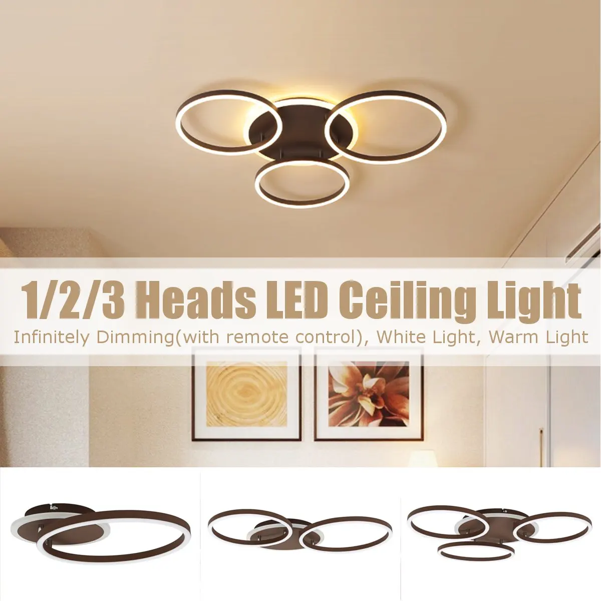 

220V Modern Rings LED Ceiling Lights Fixture Remote Dimmable Plafond Ceiling Lamp Home Restaurant Bedroom Decoration 1/2/3 Heads