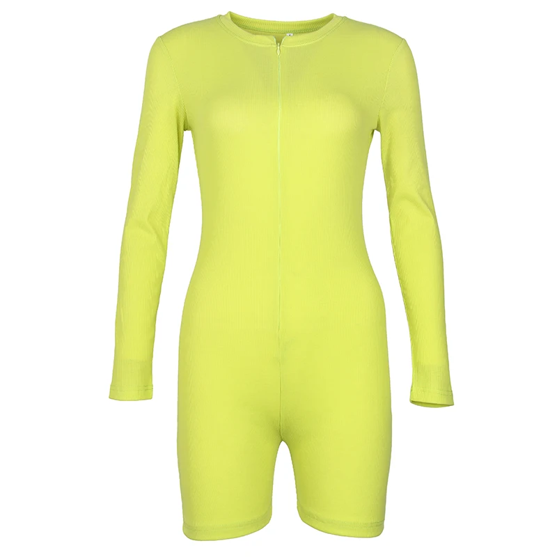 Autumn Neon Women Playsuits Casual Street Rompers V-Neck Zipper Skinny Black Winter Outfits Double Side Wear Jumpsuit GV108