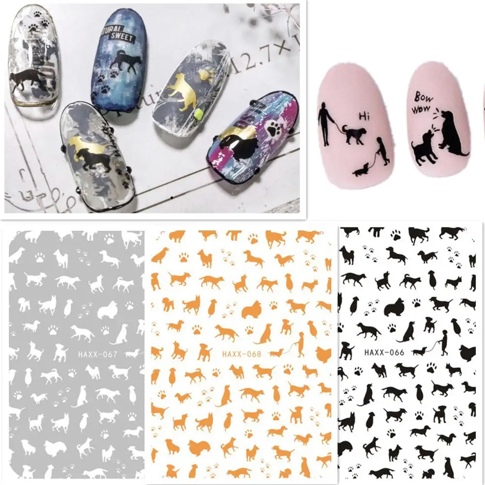 

Newest HANYI 66 67 68 black dogs design nail art sticker decal stamping back gule DIY nail decoration accessory