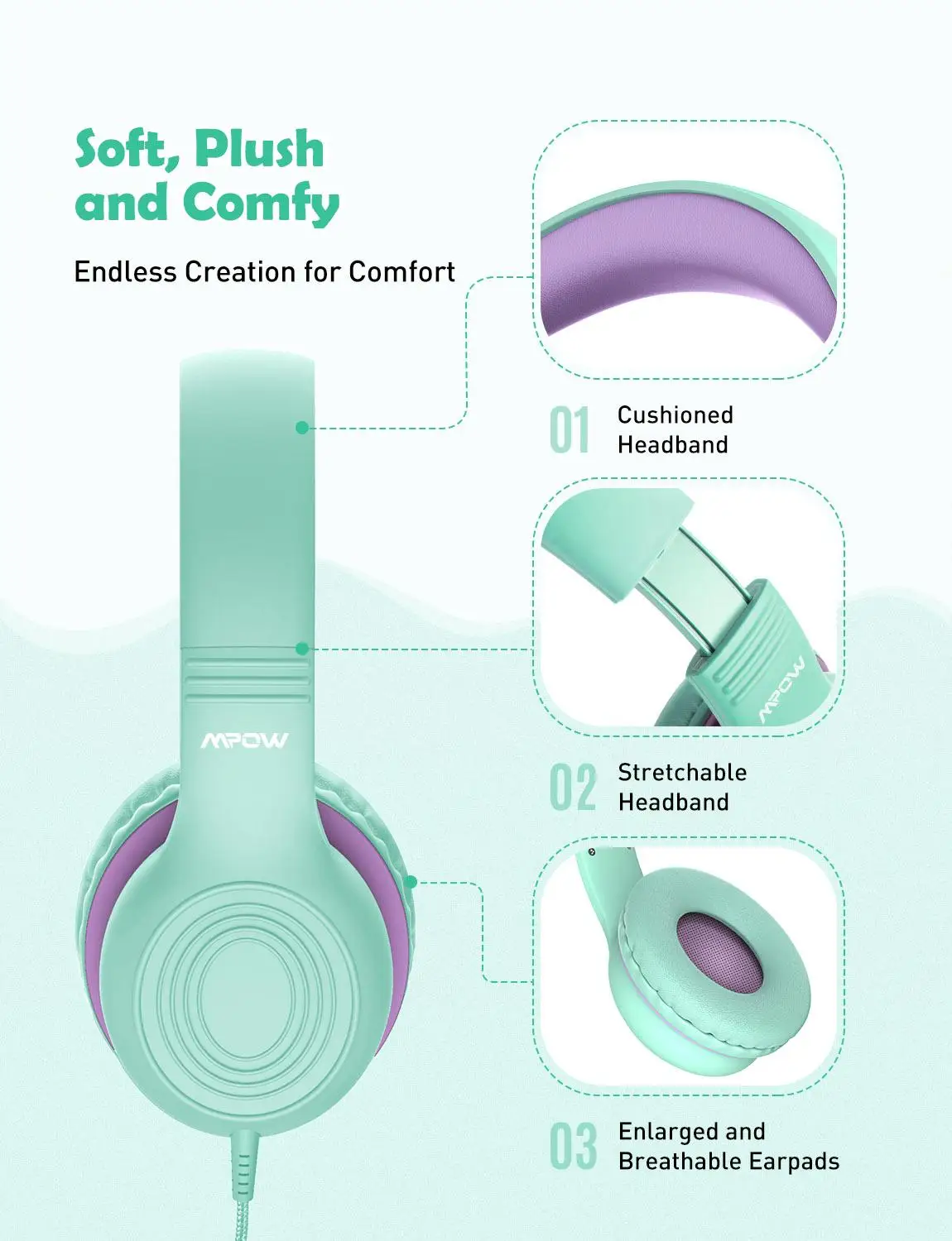 Mpow CH6S Cute Kids Headsets Foldable Over Ear Headphones with 85dB Volume Limited Hearing Protection Headphones With Microphone