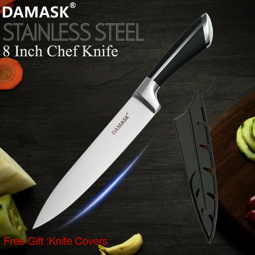 8 inch Chef Knife Damask Brand 3Cr14 Stainless Steel Kitchen Knives Set High Quality Kitchen Knife With POM Handle With Free Gift Knife Covers - Цвет: 8 inch Chef Knife