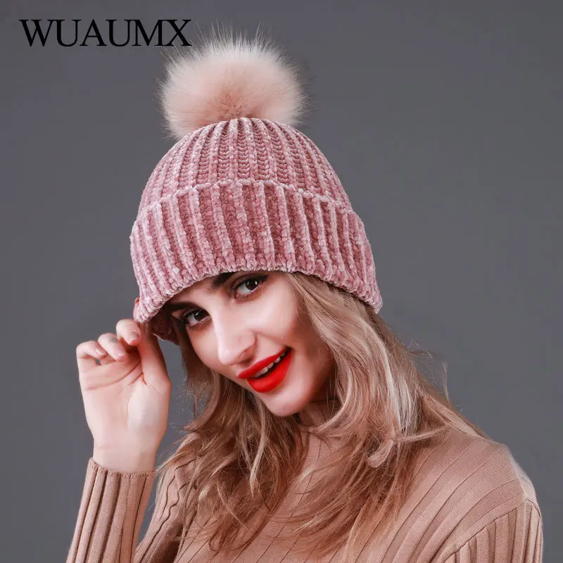 Брендовые вязаные зимние шапки Wuaumx для женщин шапка с меховым помпоном