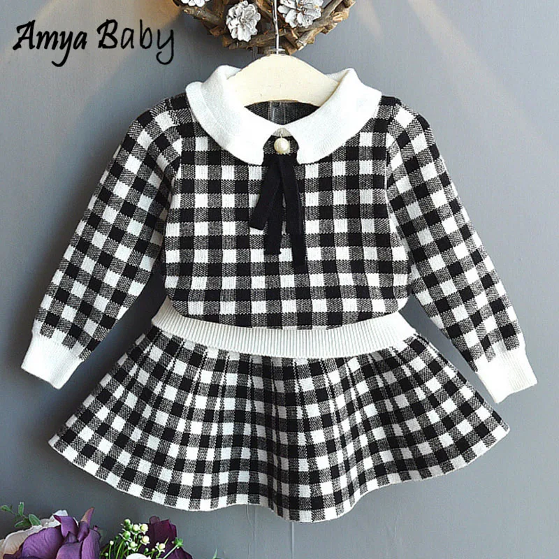 

Amya Baby Children Clothes Girls Thanksgiving Outfit Plaid Knitted Sweater Skirt 2pcs Fall Girls Clothes Set Christmas Kids Suit