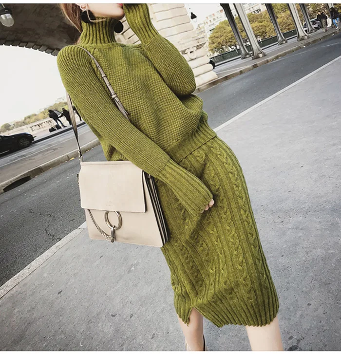 Twist Knitted 2 Piece Set Women Long Sleeve Turtleneck Pullover Sweater+ Split Pencil Skirt Set Lady Runway Knitting Skirt Suit