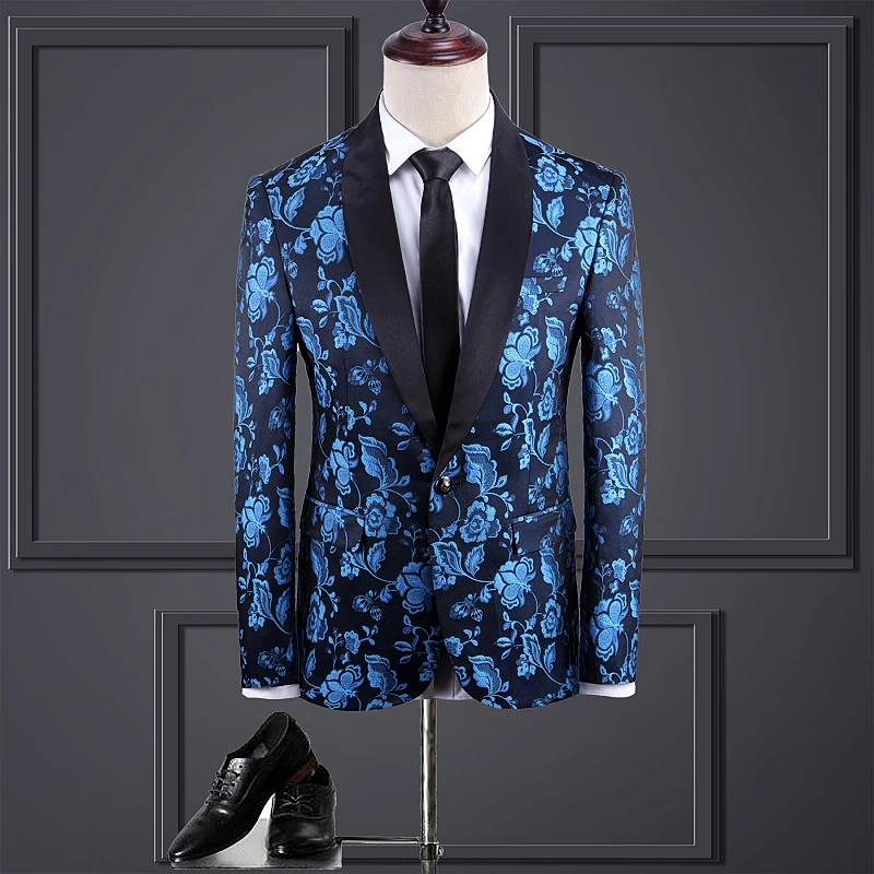 Синий бархатный мужской блейзер для мужчин s Slim Fit Блейзер Куртка 5XL Цветочный узор модный Печатный блейзер для выпускного вечера для мужчин Q743