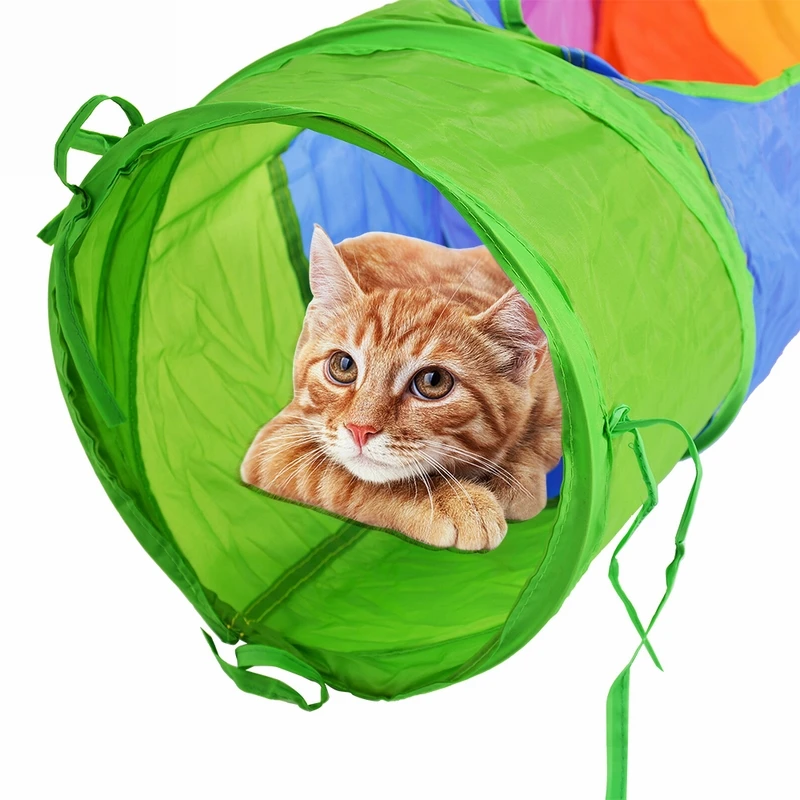 Многоцветная интерактивная игрушка для кошек, складная, 2 отверстия, туннель для кошек с мячом, игрушка для котенка, объемная игрушка