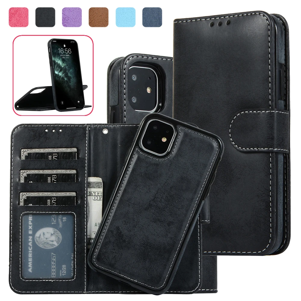 

For iPhone 11 Pro Max Xr 8 7 6 Plus Flip PU Leather Magnetic Removable Adsorption Zipper Wallet Cards Slot Case Stand Cover