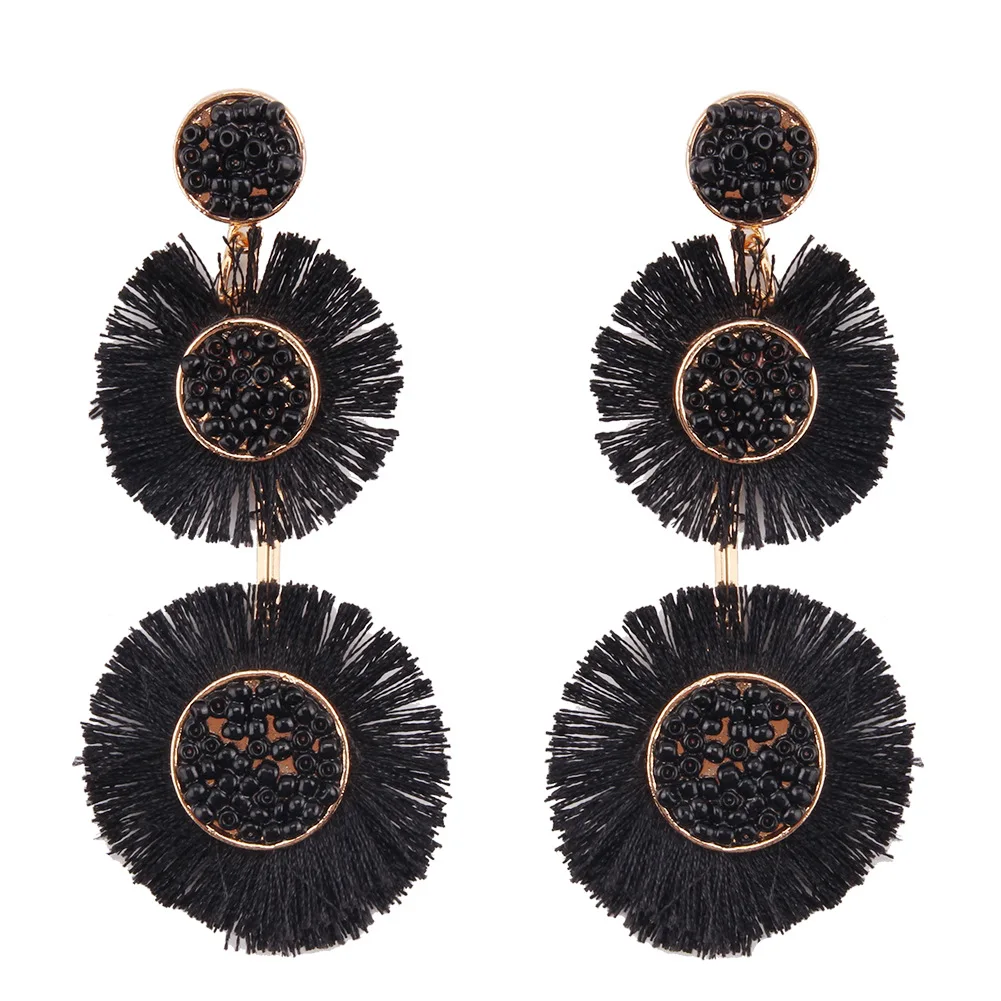 Коллекция черного цвета Boho Этническая кисточка с бахромой серьги ручной работы большие бисерные Эффектные серьги праздничные висячие серьги