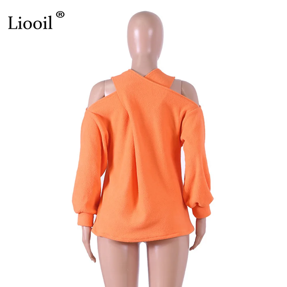 Liooil, ассиметричный сексуальный топ с открытыми плечами, женская одежда, футболки,, длинный рукав, v-образный вырез, оранжевый, зеленый цвет, женская футболка, топы