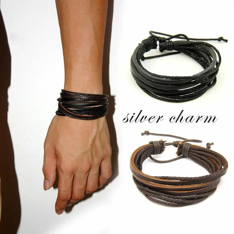 Leather Wrap Braided Wristband Cuff Punk Men Women Hot Surfer Bracelet Bangle Couples Bohemia Jewelry