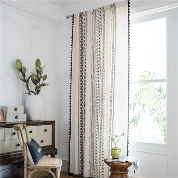 

Cotton And Linen Window Curtain Printing Black Tassel Bohemian Kitchen Country Style Textile