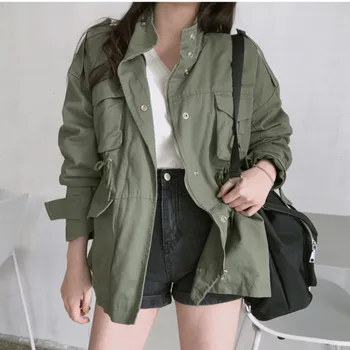 

Korea 2020 casual drawstring waist army green working clothes oversize jacket female tide spring vintage loose coatC9CQ