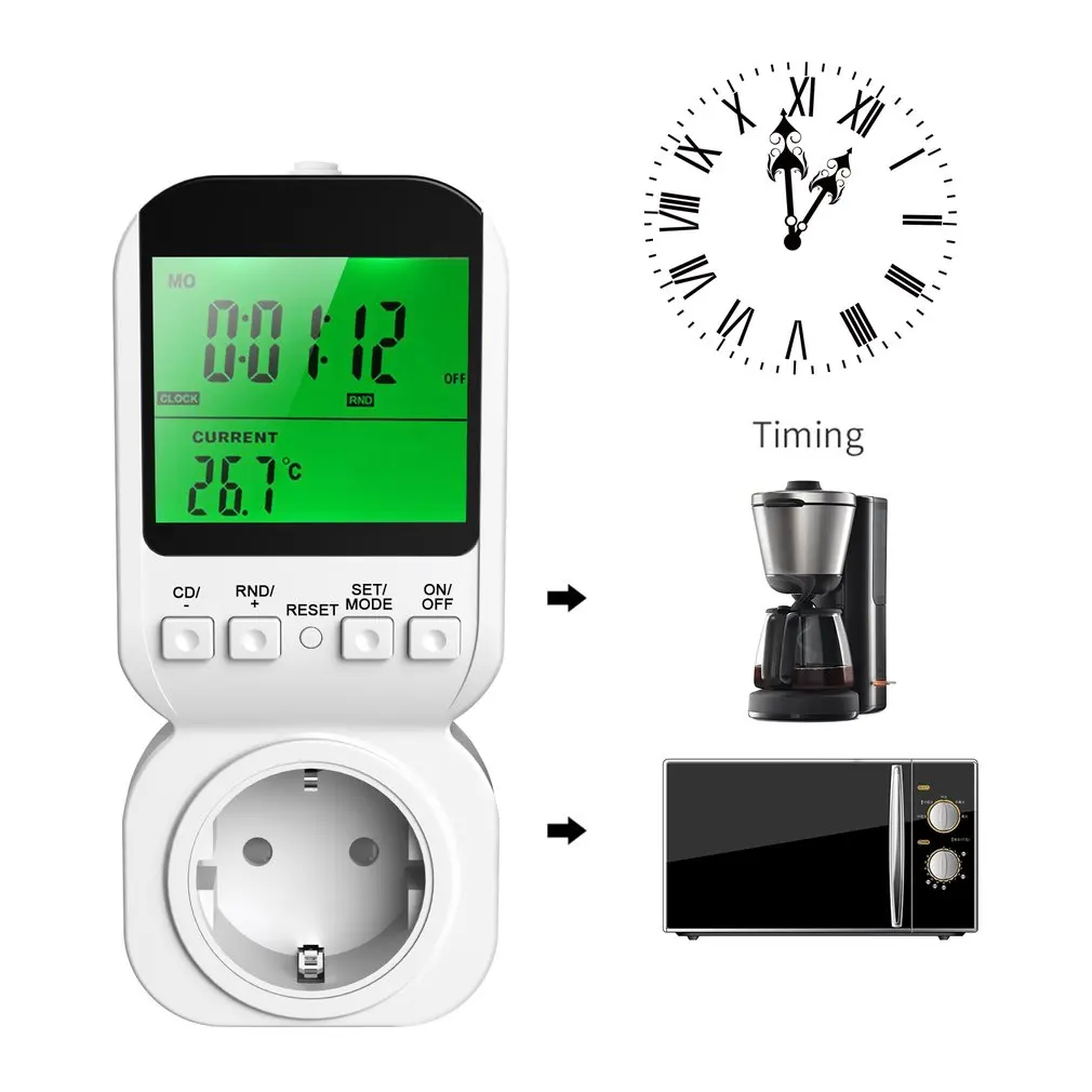 Multi-function LCD Display Thermostat Timer Switch Socket with Sensor Probe Digital Clock Adjustable 12/24 Hour Energy-saving
