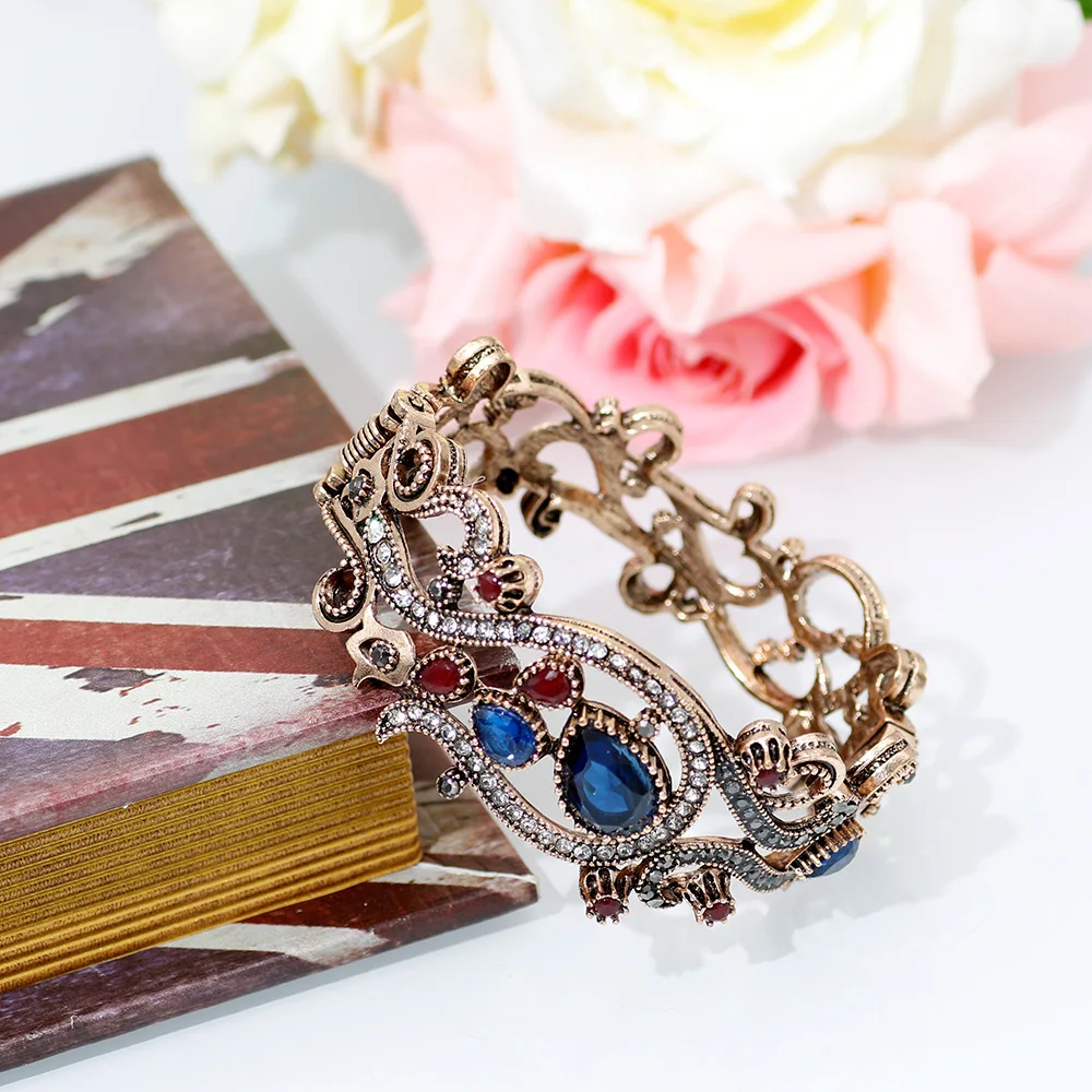 SUNSPICE-MS, турецкий цветок, винтажный браслет для женщин, античное золото, многоцветная смола, этнические Свадебные манжеты, браслет, свадебные украшения - Окраска металла: ll1569blue