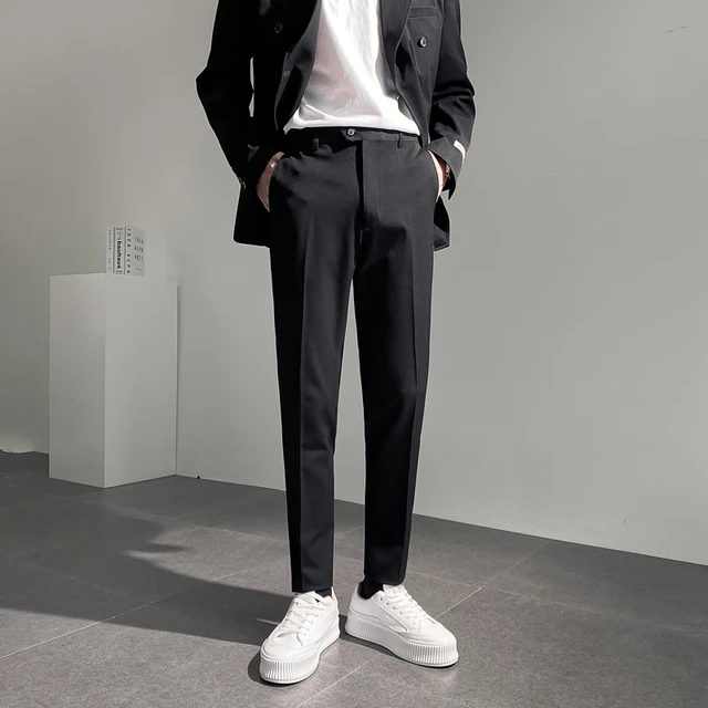 Men Office Business Casual Fashion Slim Fit Ankle-length Suit Pants Male  Korean Streetwear Vintage Black Pencil Trousers Color: Black, Size: 29