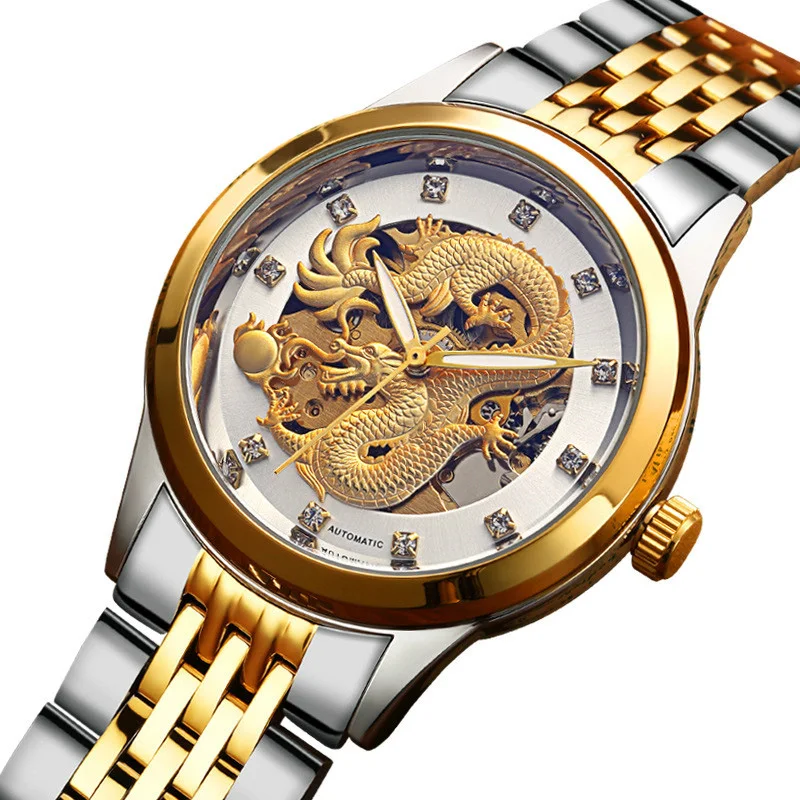 

2019 WLISTH Top Brand Luxury Golden Dragon Watch Automatic Mechanical Mens Stainless Steel Business Waterproof Wristwatch