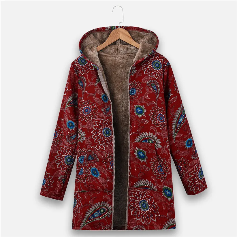 4 вида цветов, женское винтажное пальто с цветочным принтом размера плюс, флисовое пальто, Осень-зима, парка на молнии с капюшоном, женская верхняя одежда для домохозяек 9108 - Цвет: Red