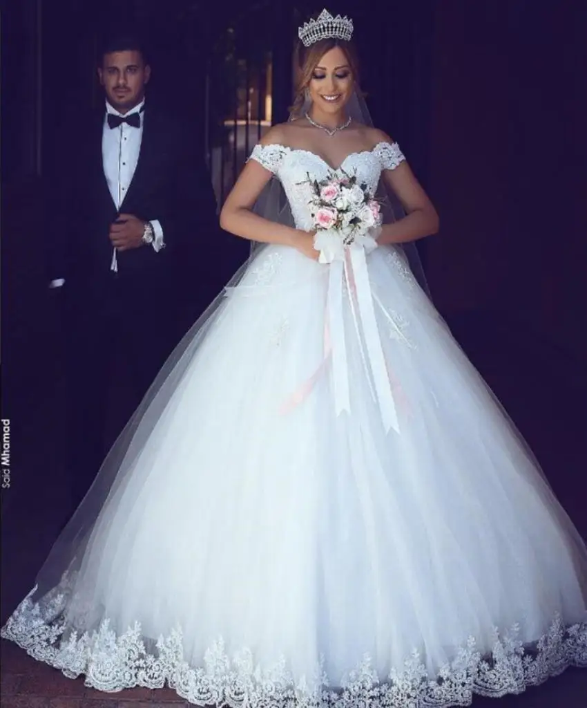 

Арабское бальное платье с открытыми плечами, свадебные платья, кружевные Длинные свадебные платья с аппликацией для сада, Дешевое женское платье невесты, платья