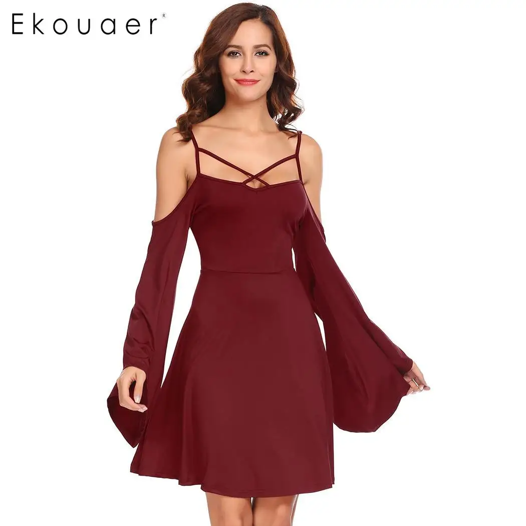 Ekouaer Sexy Dresses Women Strappy Cold Shoulder Backless Bell Sleeve