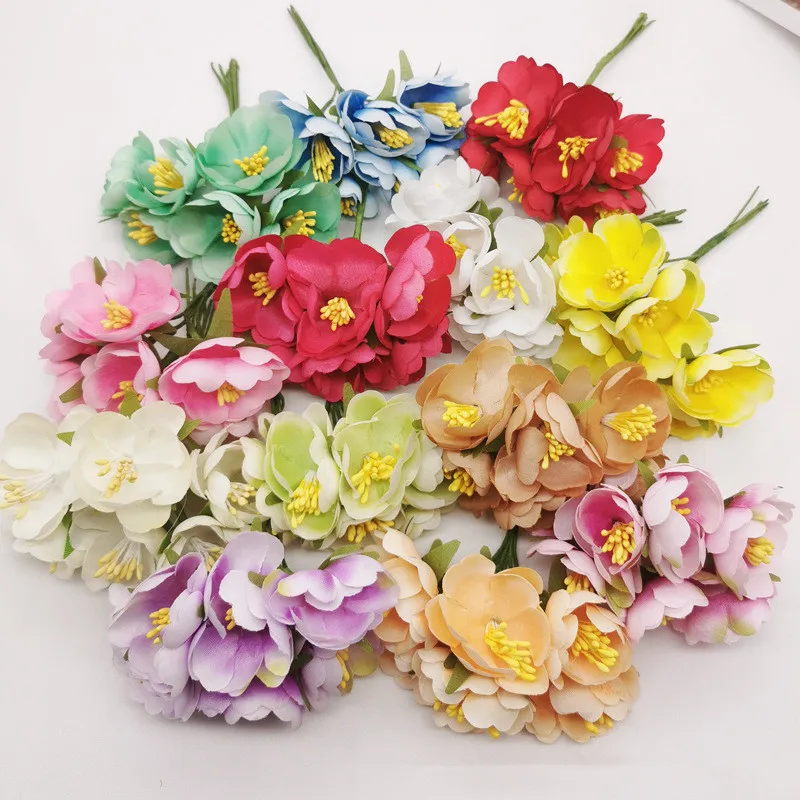 

6PCS Decorative Bouque Artificial Silk Peony Small Camellia Flower For DIY Gift Wedding Dress Hair Home Garden Party Accessories