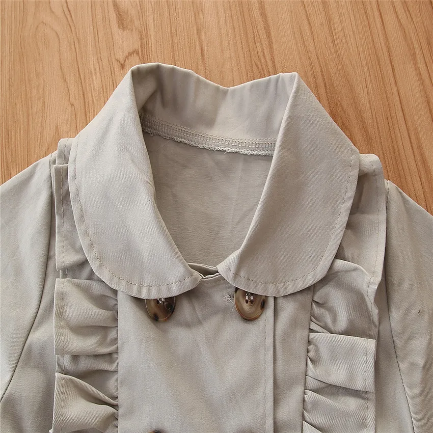 Повседневная модная двубортная куртка с завязками для маленьких девочек; однотонная ветровка с длинными рукавами и рюшами; длинное пальто; Верхняя одежда; От 2 до 7 лет