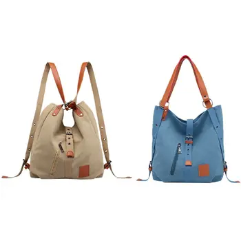 

2x Mummy Bag Backpack Leisure Women's Handbag Canvas Tote Bags Mother Baby Shoulder Lake Blue & Light Brown