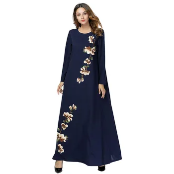 

Women's Arab Muslim Simple Floral Embroidered Loose Women's Long Dresses Elegant Ethnic Islamic Blue A-Line Dresses Vintage 4XL