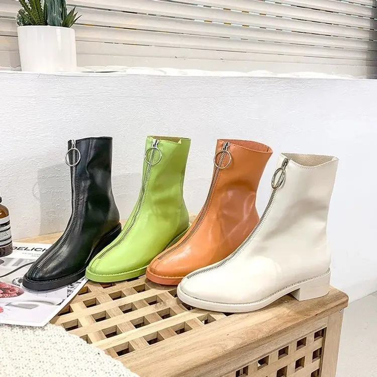

2019 Autumn And Winter Women's INS Ultra-Fire hong qian Zipper Candy-Colored Boots British Style Versatile Block Heel Short Leat