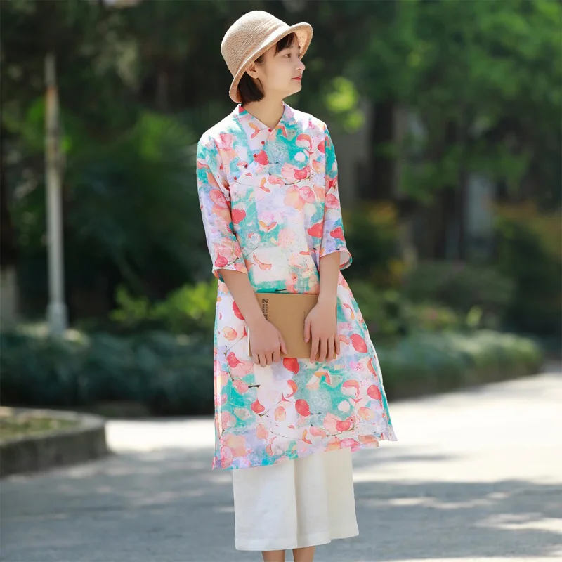 Johnature Женские винтажные Cheongsam платья из ткани рами с цветочным принтом
