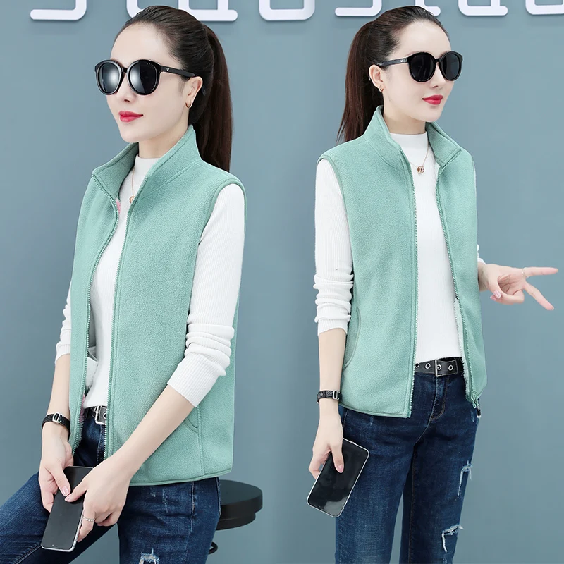 New Women'S Autumn Winter  Thickened Fleece Vest Lady Single Wear, Sleeveless Plush Zipper Stand Collar Cardigan Coat