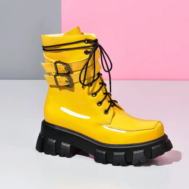 Модные женские ботинки; цвет черный, белый, желтый, красный; ботильоны на толстой подошве на высоком каблуке; сезон осень-зима; женская обувь на молнии в байкерском стиле; - Цвет: Yellow Winter Plush