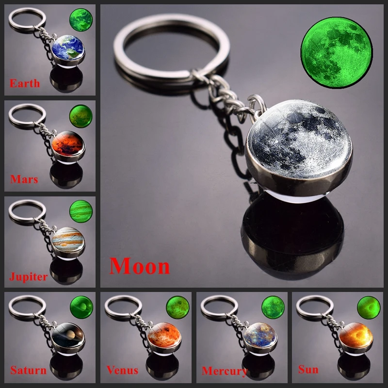 

Glowing Solar System Planet Keychain Fashion Glass Ball Keyring Moon Earth Sun Mars Jupiter Art Picture Double Side Key Chains