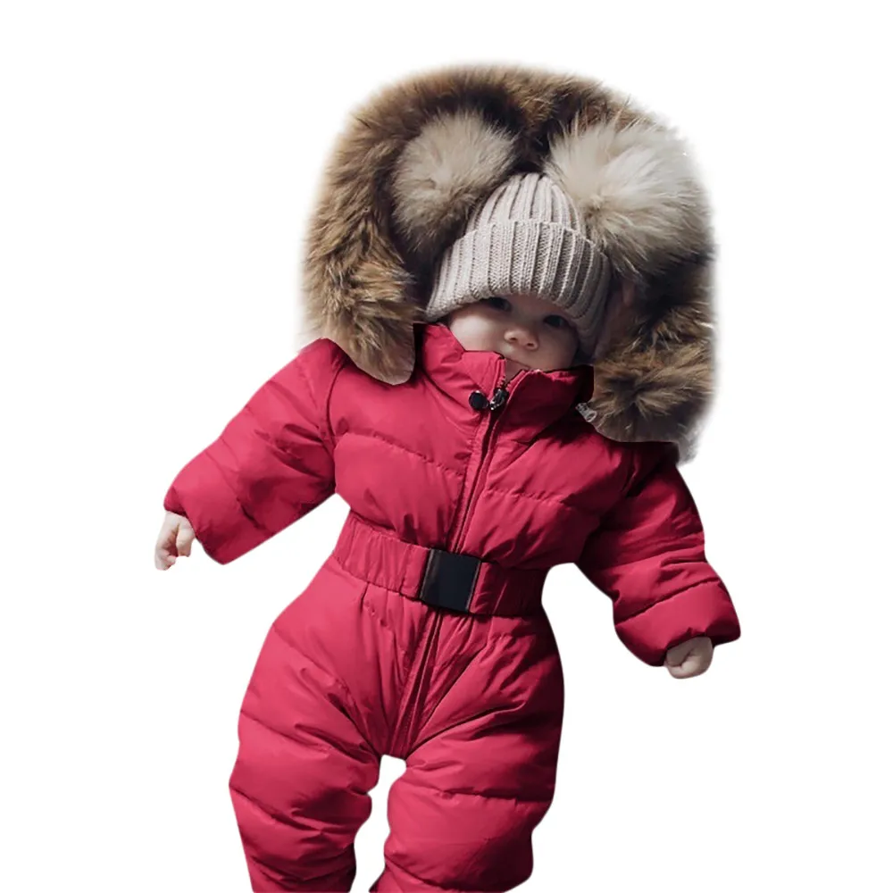 Зимний комплект для малышей, комбинезон-жакет для маленьких мальчиков и девочек, комбинезон с капюшоном, теплое плотное пальто, наряд, Рождественская одежда для маленьких девочек,(0-24 - Цвет: Red