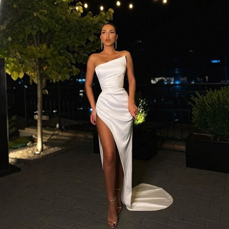 Ivory Party Gowns Sheath Strapless Floor length Front/Side Slit Evening Dresses Sweep/Brush Sleeveless Fold\Ruffle Party Dresses