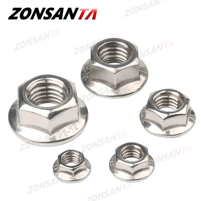 Hexagon Flange Nut ZONSANTA 304 Stainless Steel Hexagon M3 M4 M5 M6 M8 M10 M12 M16 M20 DIN6923 Pinking Slip Locking Lock Nuts hexagon nuts,locking nuts,flange nut,titanium flange nuts