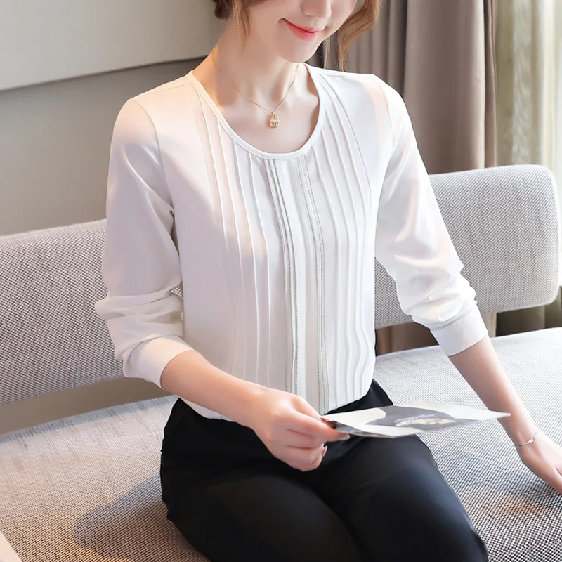 Korean Fashion Chiffon Women Blouses Solid O-Neck Office Lady Shirt and Blouse Plus Size XXL Autumn Long Sleeve Women Tops