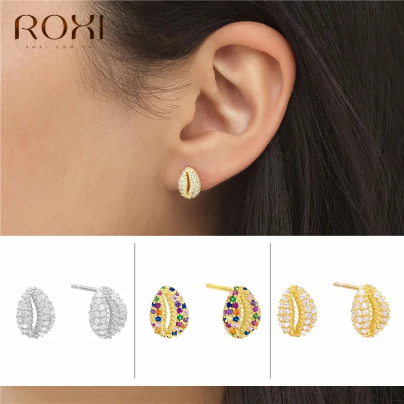 ROXI, модные серьги в виде раковины каури, маленькие радужные CZ серьги-гвоздики в виде ракушки для женщин, ювелирные изделия в стиле бохо, 925 пробы серебряные серьги
