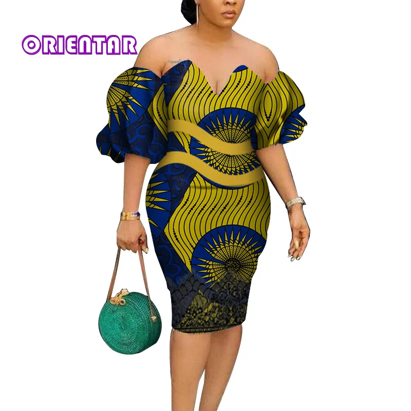 Fashion African Dresses for Women Bazin Riche Africa Print Midi Dress Lady Sexy Slash Neck Party Dress African Clothing WY4522