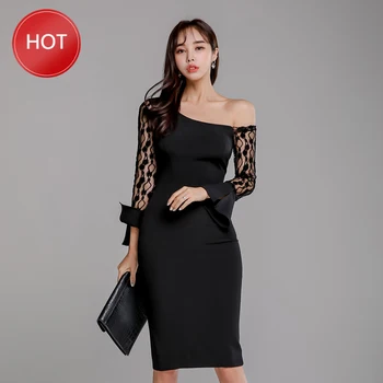 

Korean Dress shoulder dress For Women Black Lace Vestidos Long Sleeve Slash Female autumn Formal irregular party Dresses