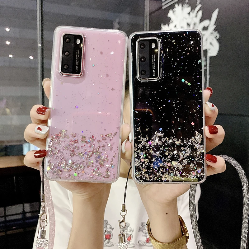 Glitter Stars Phone Case For Huawei Honor 9A 9X 30S 8X 20 30 Pro 10i V30 V20 Y6 Y7 Tape Necklace Lanyard Mobile Carry Cover | Мобильные