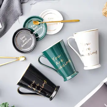 

JM 2019New! Nordic style ceramic simple coffee cup water cup couple cup with lid and spoon lovely cup interesting cup