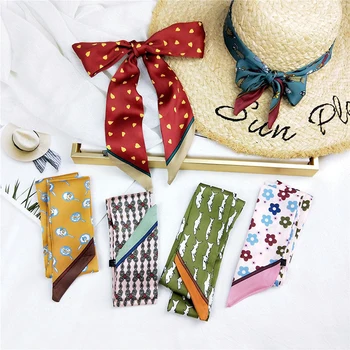 

2020 Women Silk Scarf long Neck scarves Brand Office Ladies Ribbon scarf Hair Bands Wraps Printing Handkerchief small Scarfs