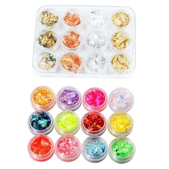 

12 Box Gold Silver Copper Rainbow Foil Paillette Chip Nail Art Design Decoration & 12 Colors UV Gel Nail Art Glitter Dust Powder