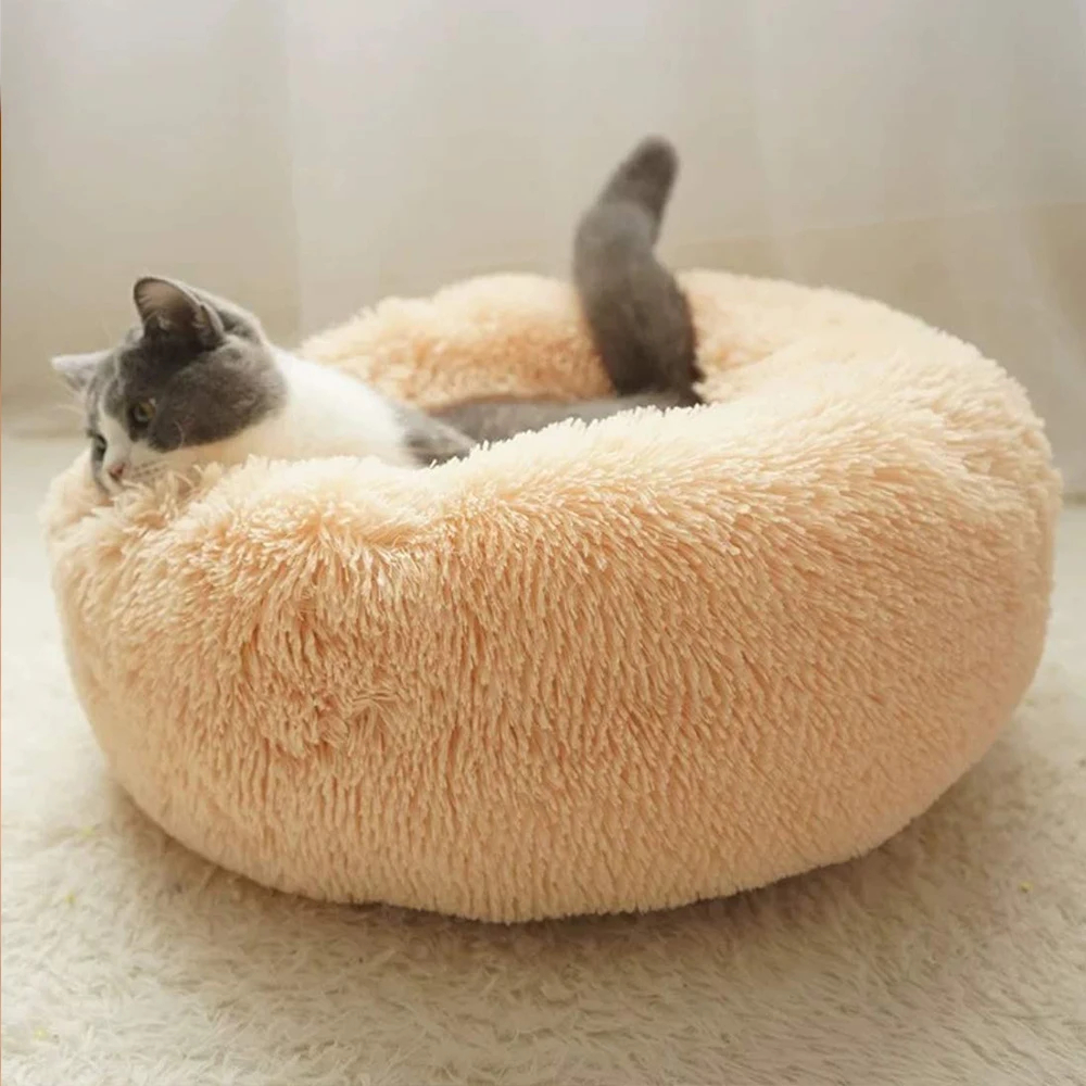  Cat Bed Cushion Mat Faux Fur Self-Warming Pet Cat and Dog Bed Round Plush Anti-Slip Cat Nest House 