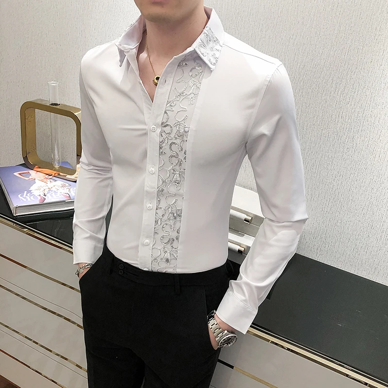 Chemises Hommes Sexy Lace Patchwork Shirt New Fashion Men's Nightclub Party Work Shirt Formal Slim Fit Social Party men casual shirt