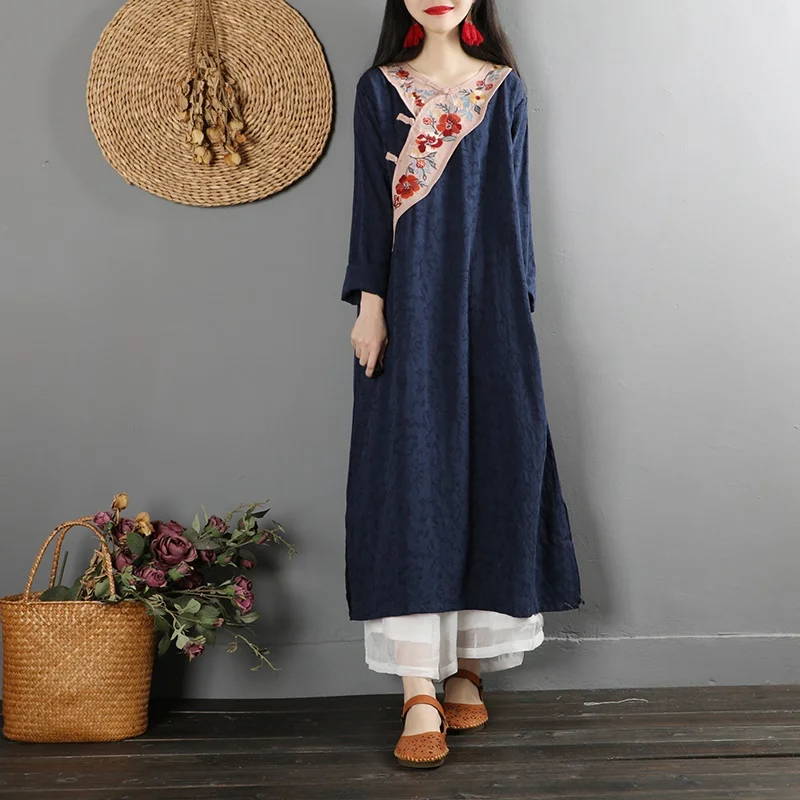 Retro Dress Stand Collar Long Sleeve Loose Casual Robe Vintage Femme Chinese Style Cheongsam Cotton Linen Women Dresses TA2092