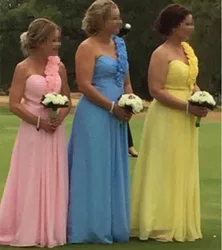 Stock Clear A Line Chiffon One Shoulder Flowers Pleat Bridesmaid Dresses Wedding Party Formal Prom Lace Up Back
