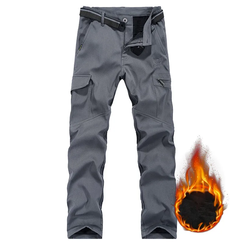 Gray Fleece Зимние толстые теплые Стрейчевые брюки для мужчин, кожа акулы, повседневные брюки с несколькими карманами, мягкие водонепроницаемые военные брюки-карго из флиса - Цвет: Gray Fleece
