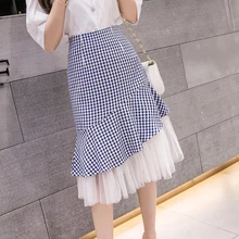 Новинка, летняя женская юбка, Лоскутная, высокая талия, сетка, посылка, ягодицы, нерегулярные, длинный хвост, юбки, синий, черный, 6859